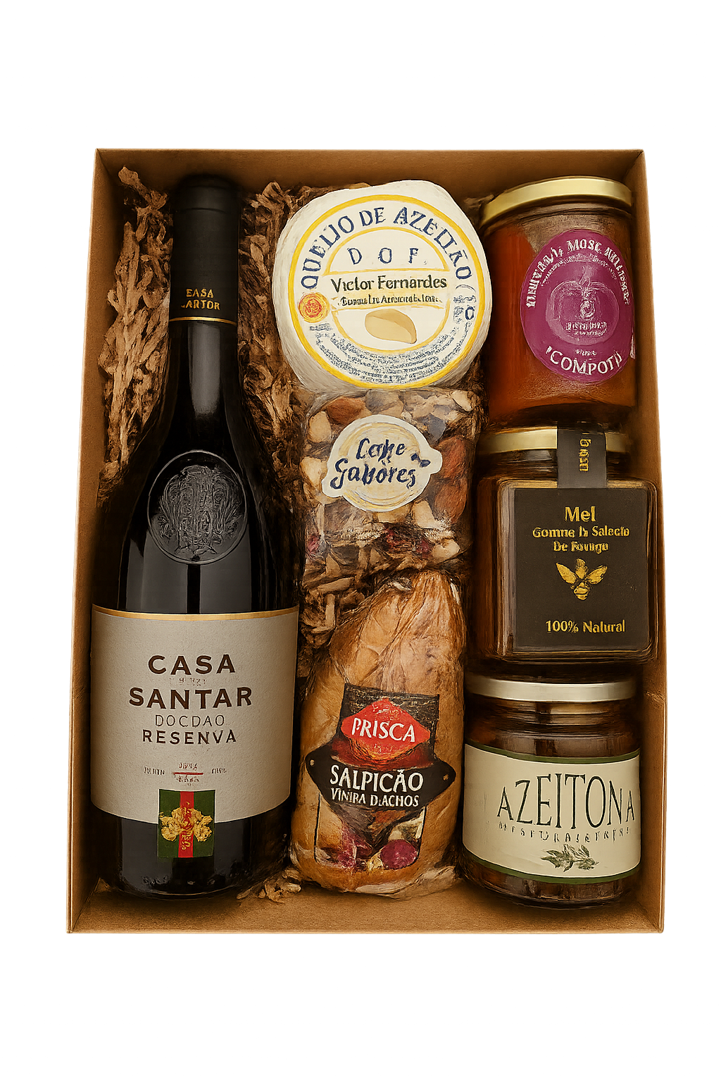 Cabaz Gourmet 10 com Vinho Tinto Reserva e Queijo Azeitão — Presente Elegante e Autêntico
