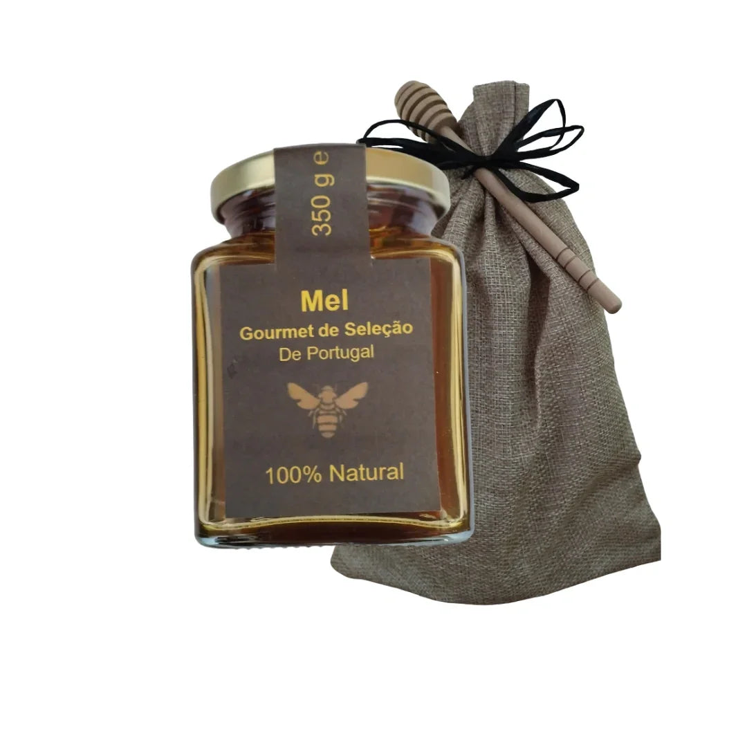 Gourmet honey jar with 100% natural Portuguese honey, gift bag, and dipper