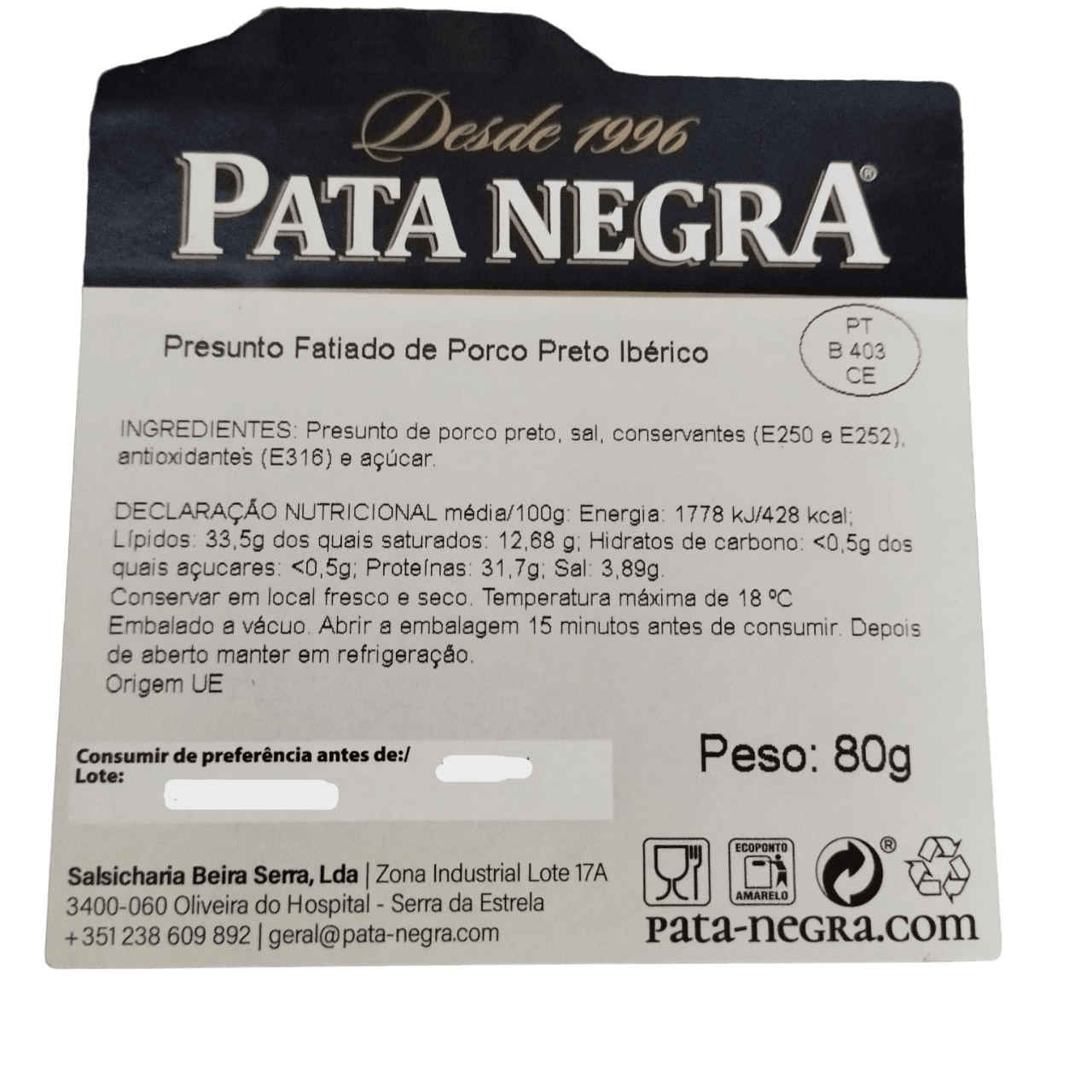 Pata Negra Iberian black pork cured ham label, gourmet delicacy for gifts and hampers