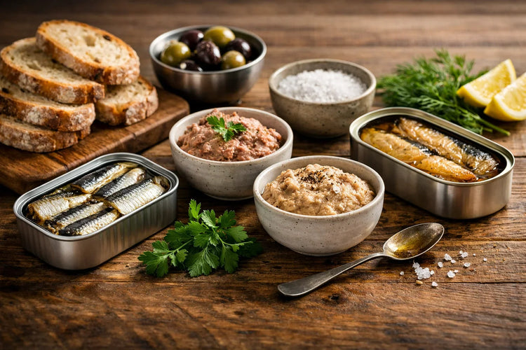 Gourmet spread with sardines, hummus, olives, bread, and herbs on rustic wood