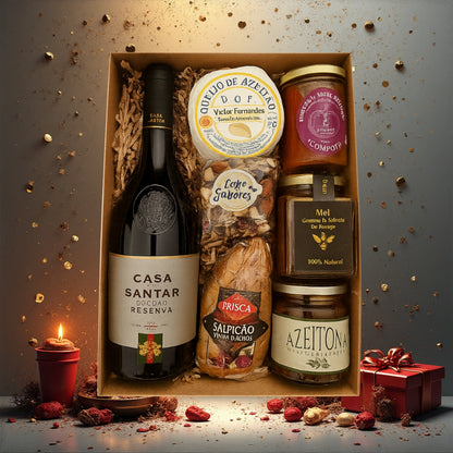 Cabaz Gourmet 10 com Vinho Tinto Reserva e Queijo Azeitão — Presente Elegante e Autêntico