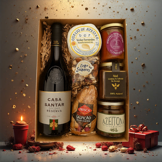 Cabaz Gourmet 10 com Vinho Tinto Reserva e Queijo Azeitão — Presente Elegante e Autêntico
