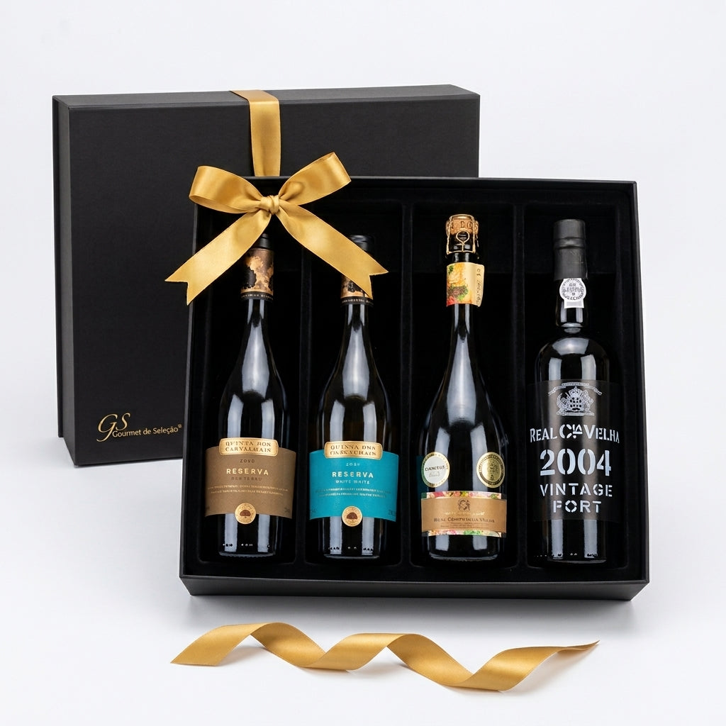 Caixa oferta premium com Vinhos Reserva Dão, Porto e Espumante