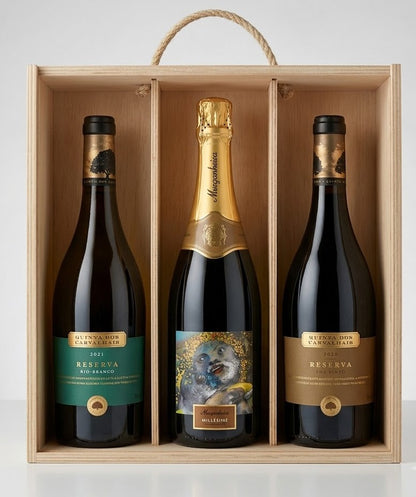 Caixa de Madeira Gourmet: Vinhos Carvalhais Reserva & Espumante Murganheira Millésime