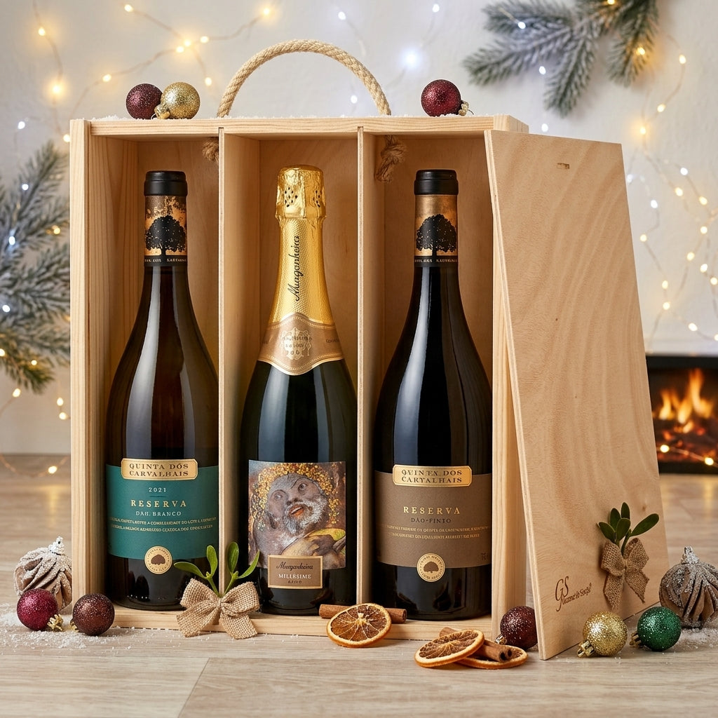 Caixa de Madeira oferta: Vinhos Carvalhais Reserva & Espumante Murganheira Millésime