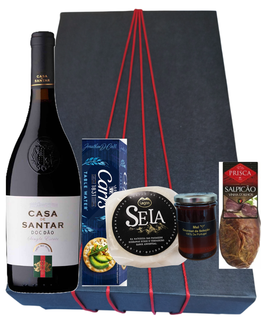 Cesta de regalo con Vino Tinto, Queso, Salpicón I Sabores Auténticos